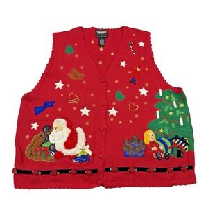 Designer Originals Christmas‎ Sweater Vest Women's Large Petite Red Santa Tree
